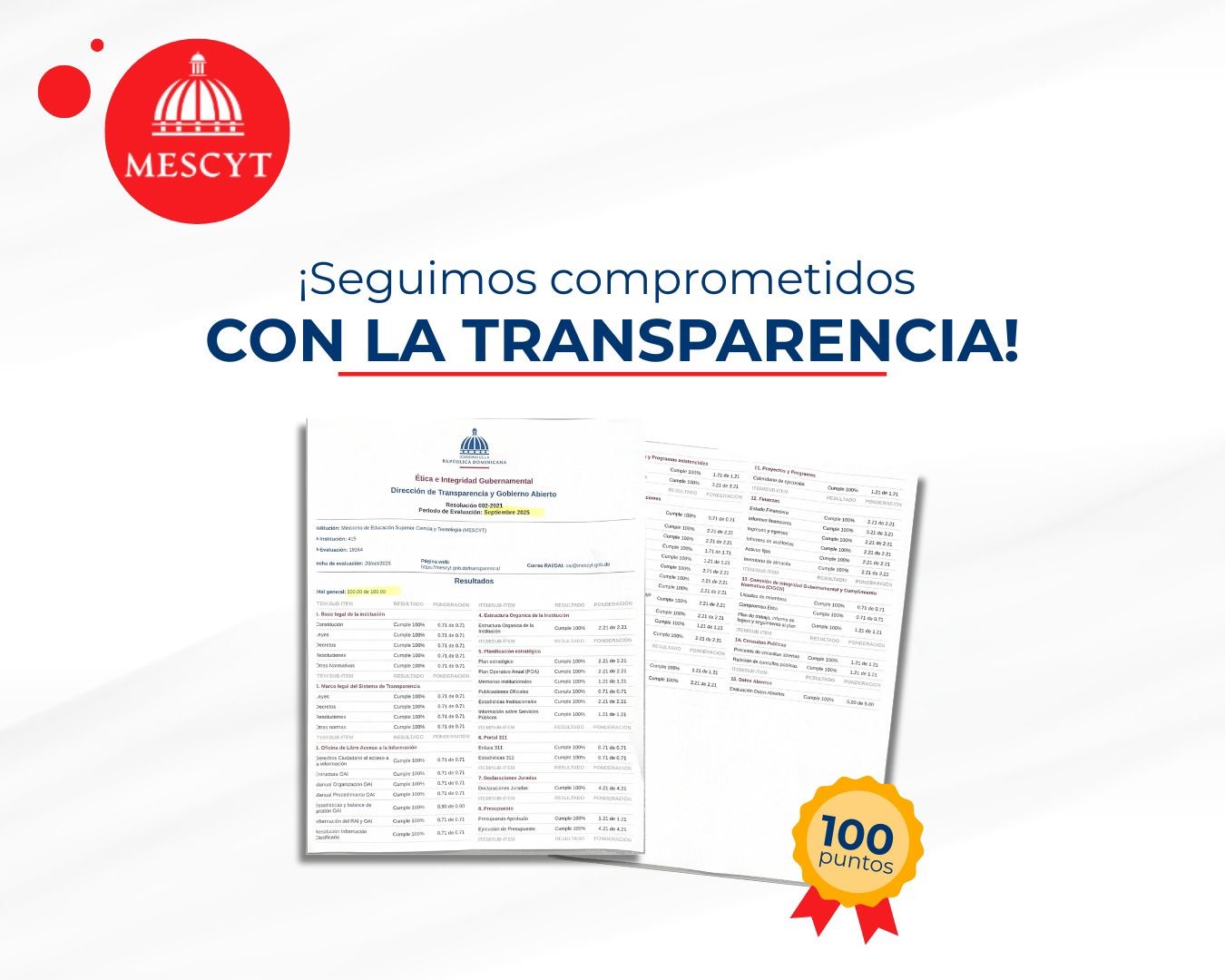 La transparencia en el Mescyt alcanza el 100% y consolida cinco años de avances históricos en educación superior