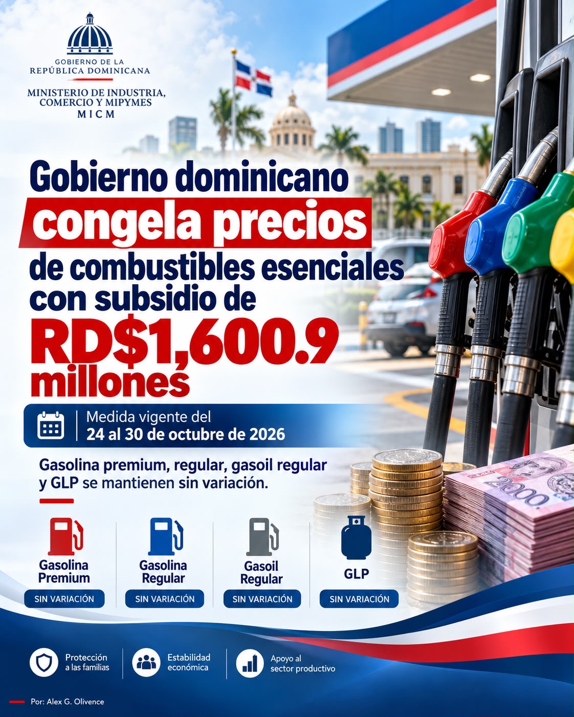 Gobierno dominicano congela precios de combustibles esenciales con subsidio de RD$1,600.9 millones.
