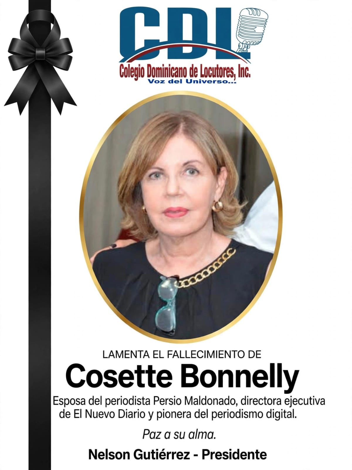 Presidente del Colegio Dominicano de Locutores lamenta fallecimiento de la periodista Cosette Bonnelly